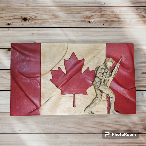 Soldier on Canada Flag Plaque